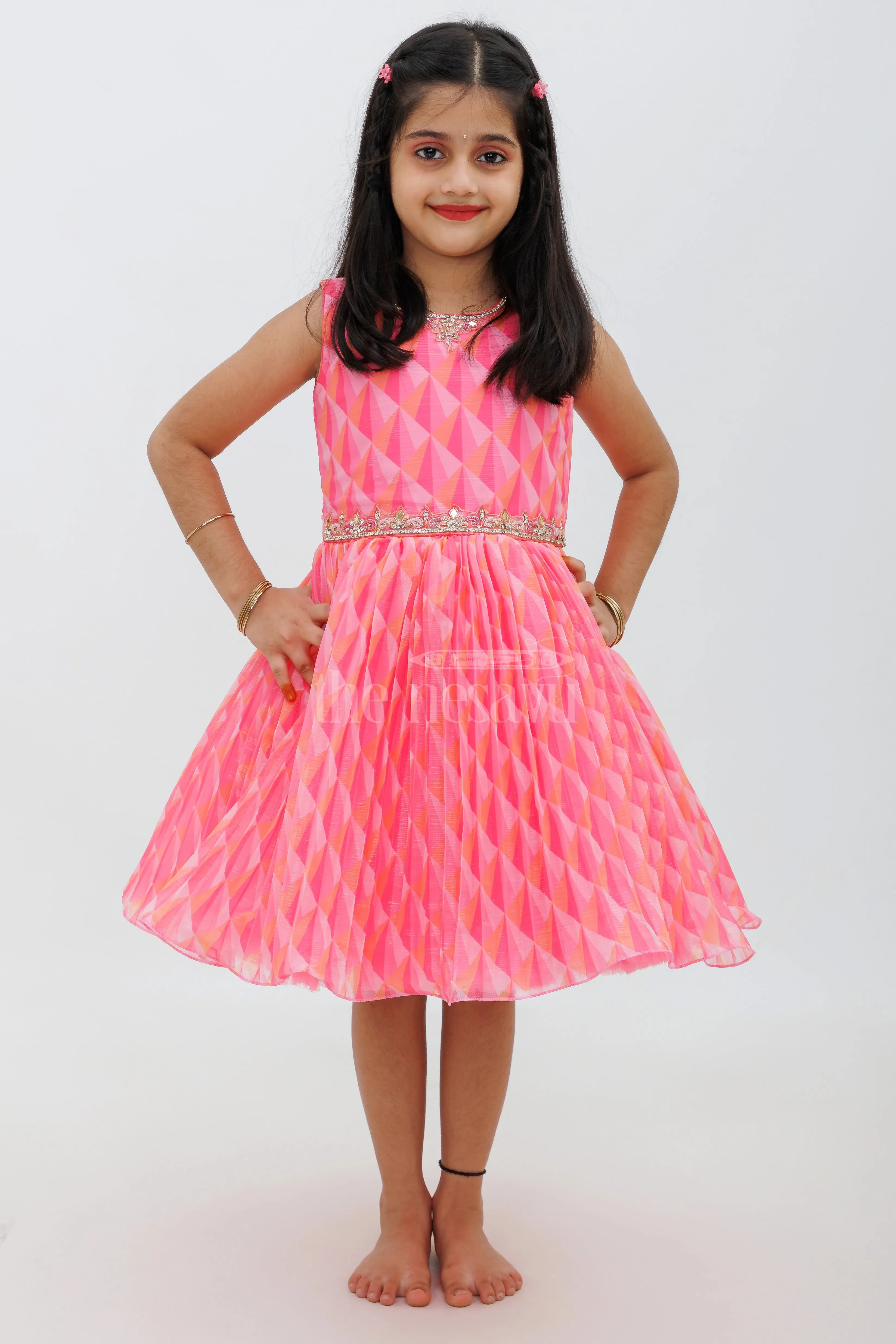 Pink Georgette Print Sleeveless Dress with Embroidery