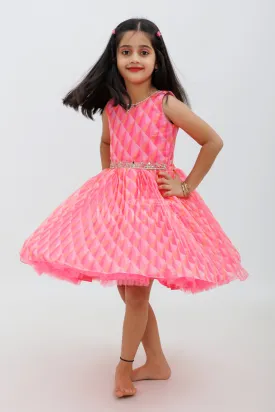 Pink Georgette Print Sleeveless Dress with Embroidery