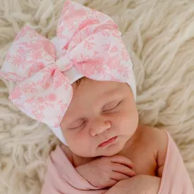 Pink Toile Floral Bow White Hospital Hat Newborn