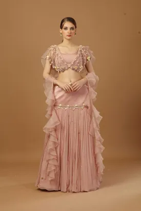 Pleated Skirt With Layered Blouse And A Ruffle Dupatta