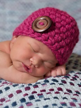 Raspberry pink button beanie baby hat