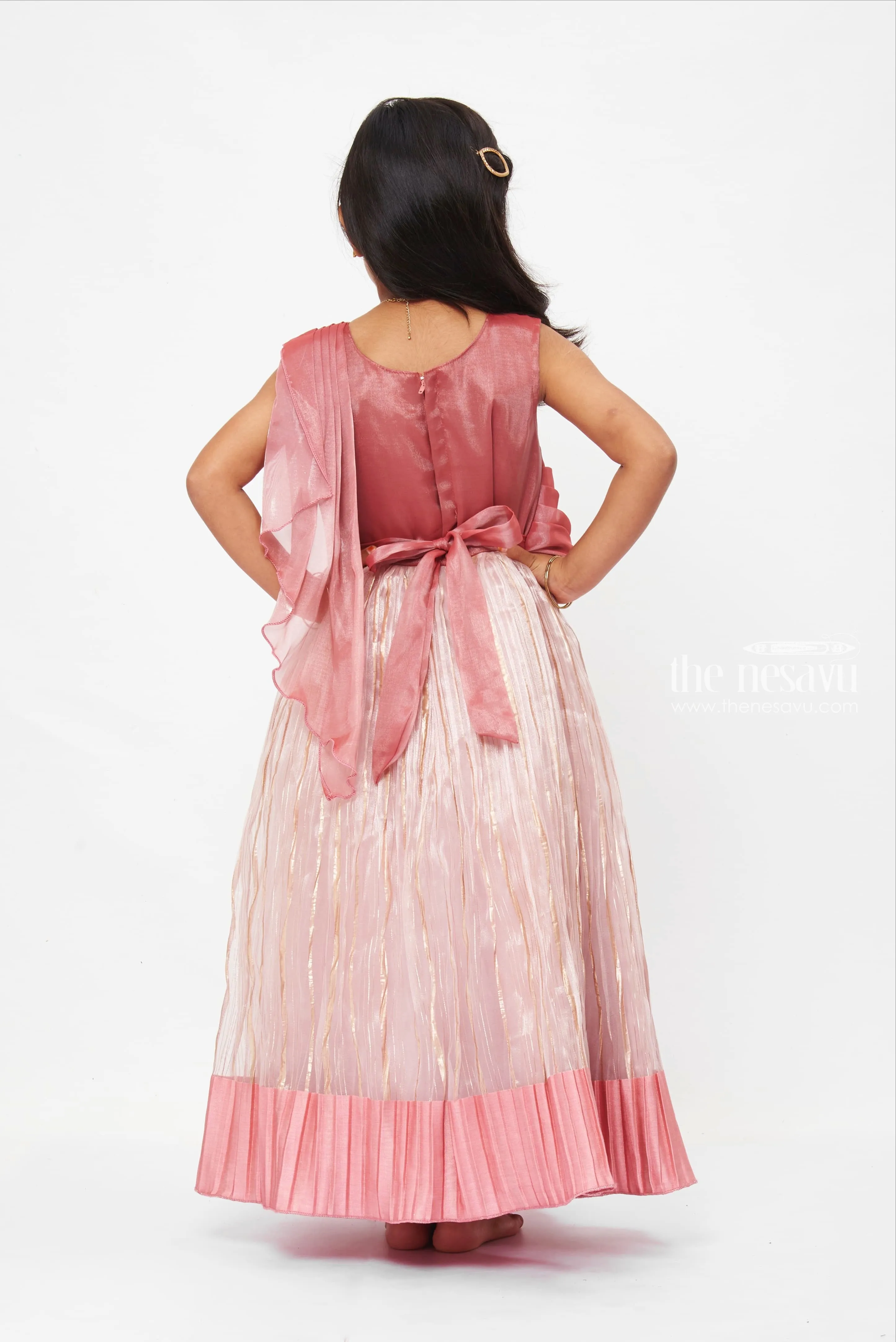 Rose Gold Shimmer Pleated Evening Gown with Sequin Bodice Detail
