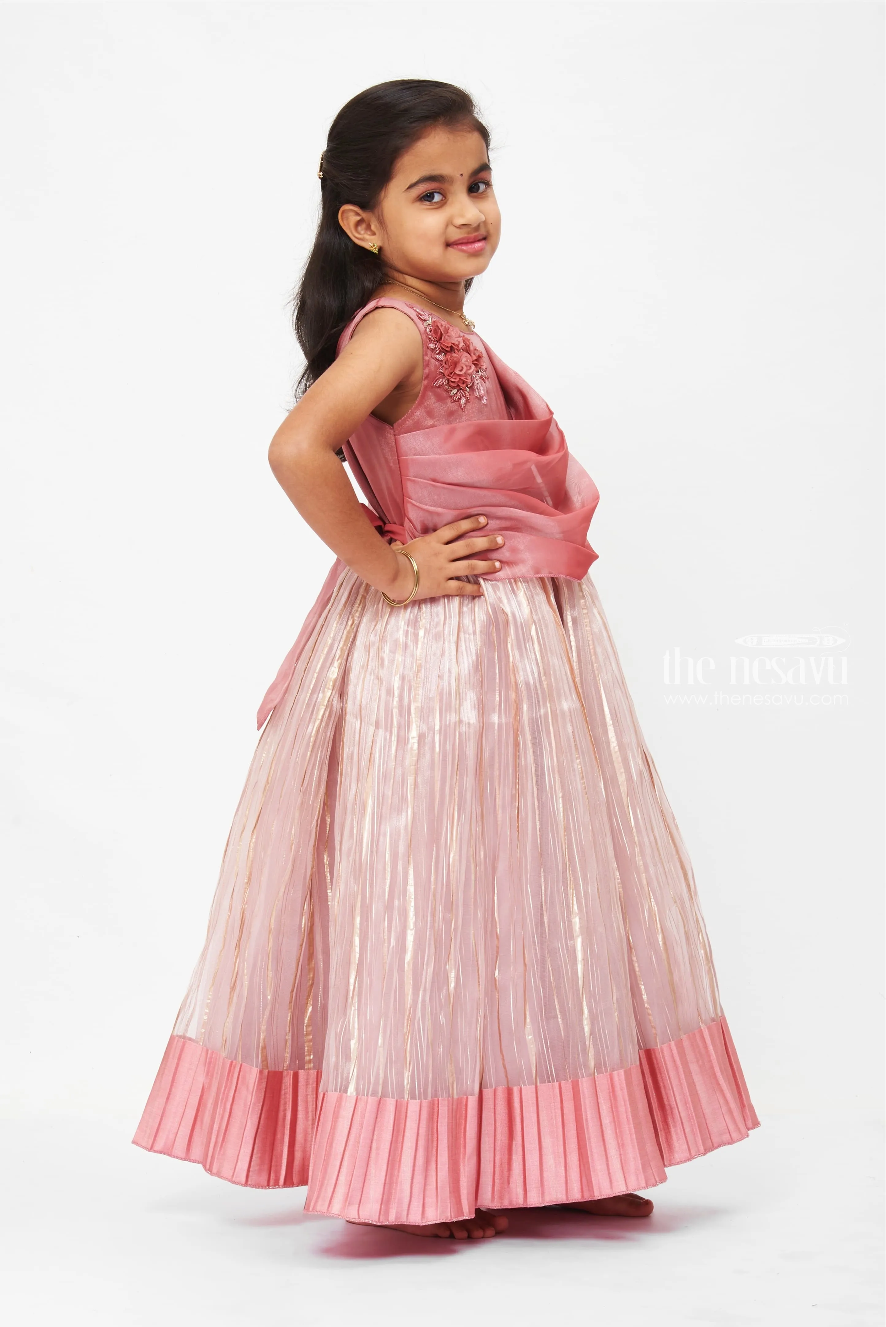 Rose Gold Shimmer Pleated Evening Gown with Sequin Bodice Detail