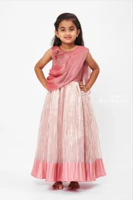 Rose Gold Shimmer Pleated Evening Gown with Sequin Bodice Detail
