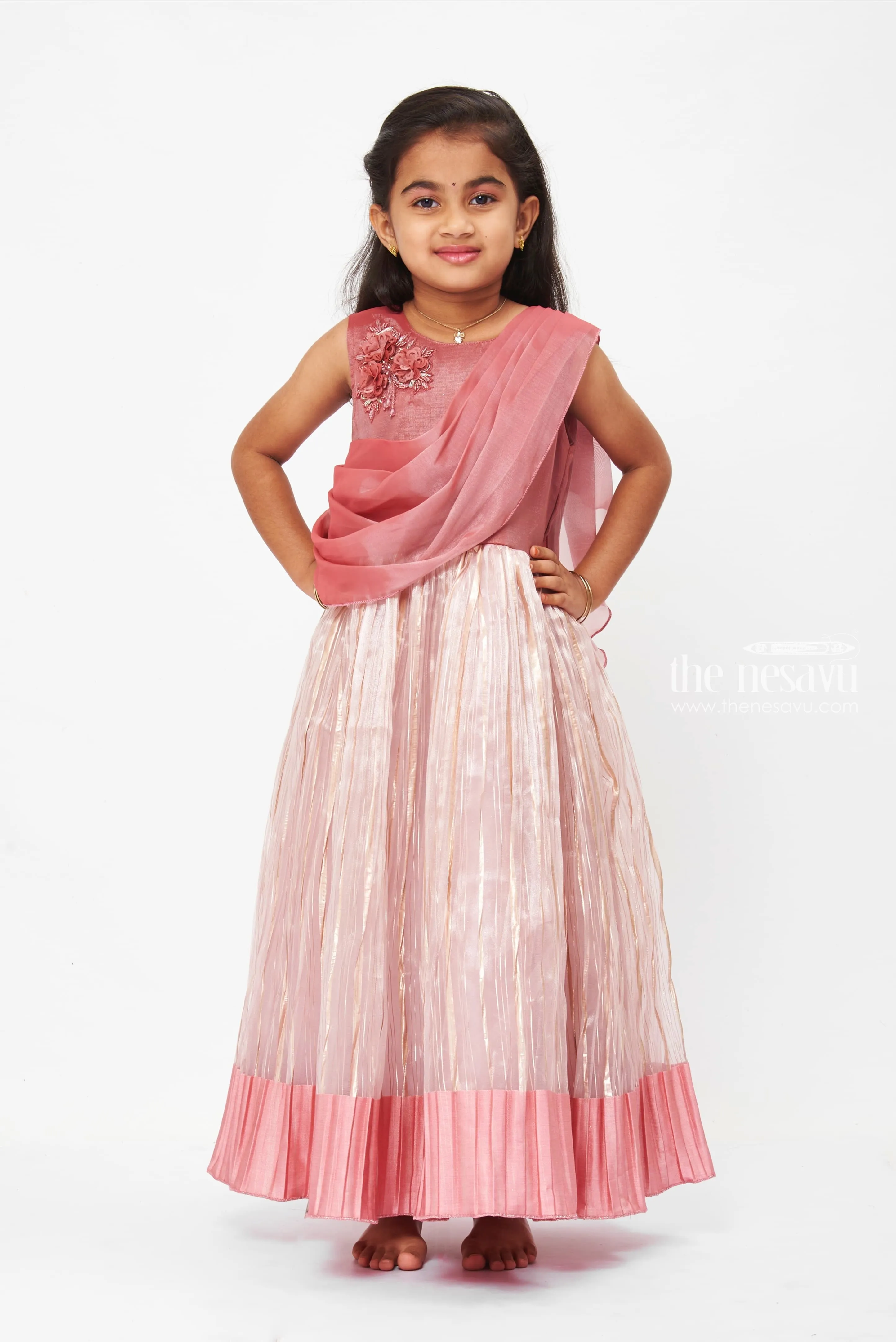 Rose Gold Shimmer Pleated Evening Gown with Sequin Bodice Detail