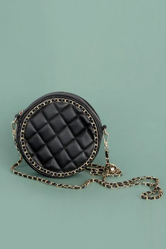 Round Vegan Leather Quilted Crossbody Bag