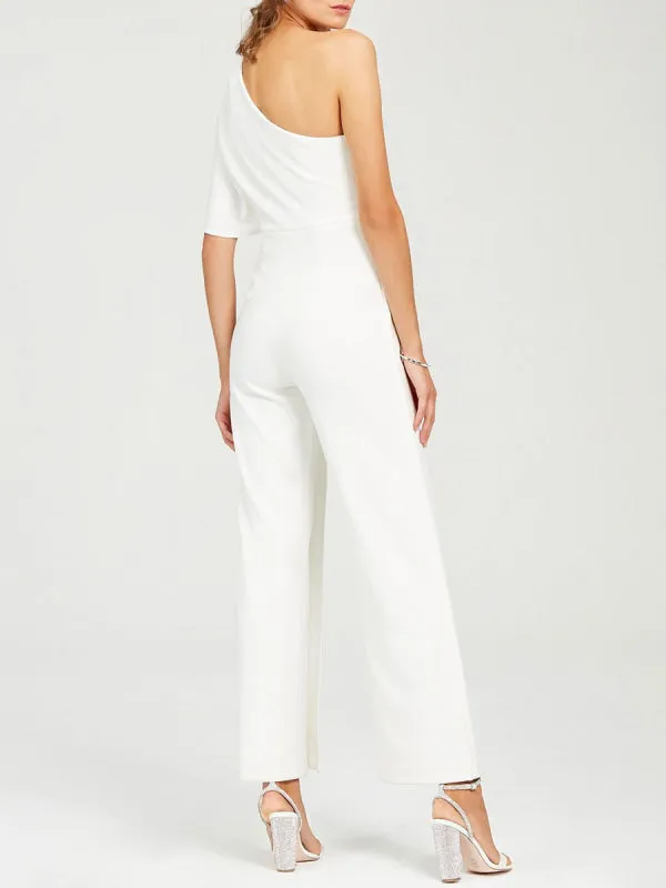 Simple Wedding Jumpsuits Ivory One Shoulder Culottes Bridal Dress