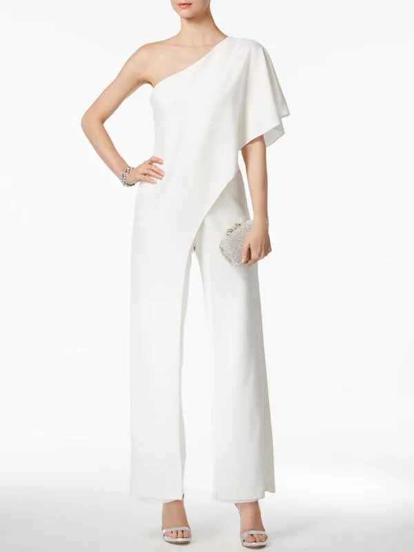 Simple Wedding Jumpsuits Ivory One Shoulder Culottes Bridal Dress