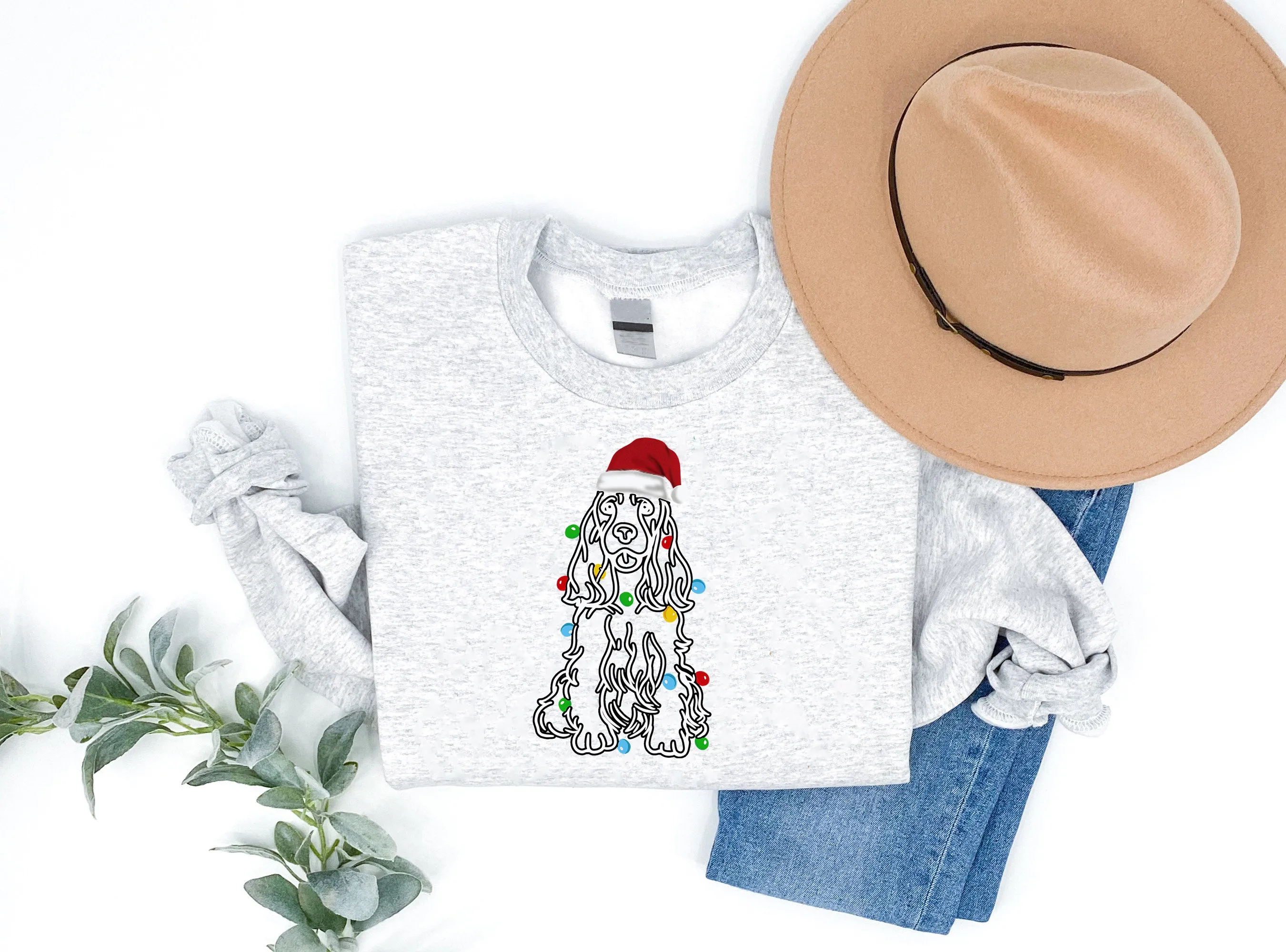 The Dog With Santa Hat Patterned  Gray Color Casual Long Sleeve Sweatshirts  Family Matching Pajamas Tops With Dog Bandana