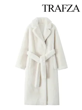 TRAFZA Winter Mode Frauen Warme Mantel Weiß Drehen-unten Kragen Langarm Taschen Gürtel Dekoration Weibliche High Street Lange mäntel