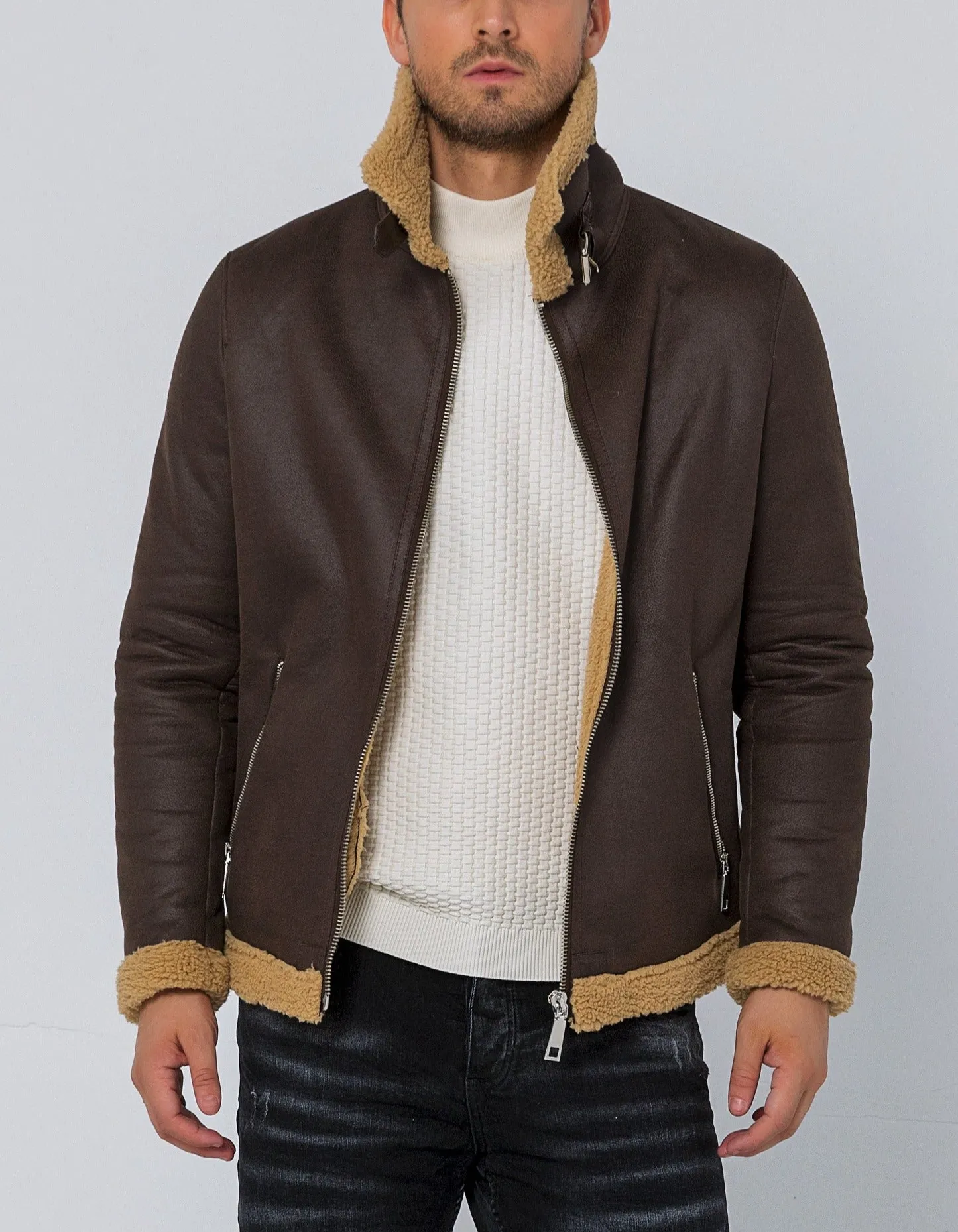 Vegan Shearling Aviator Jacket - Brown