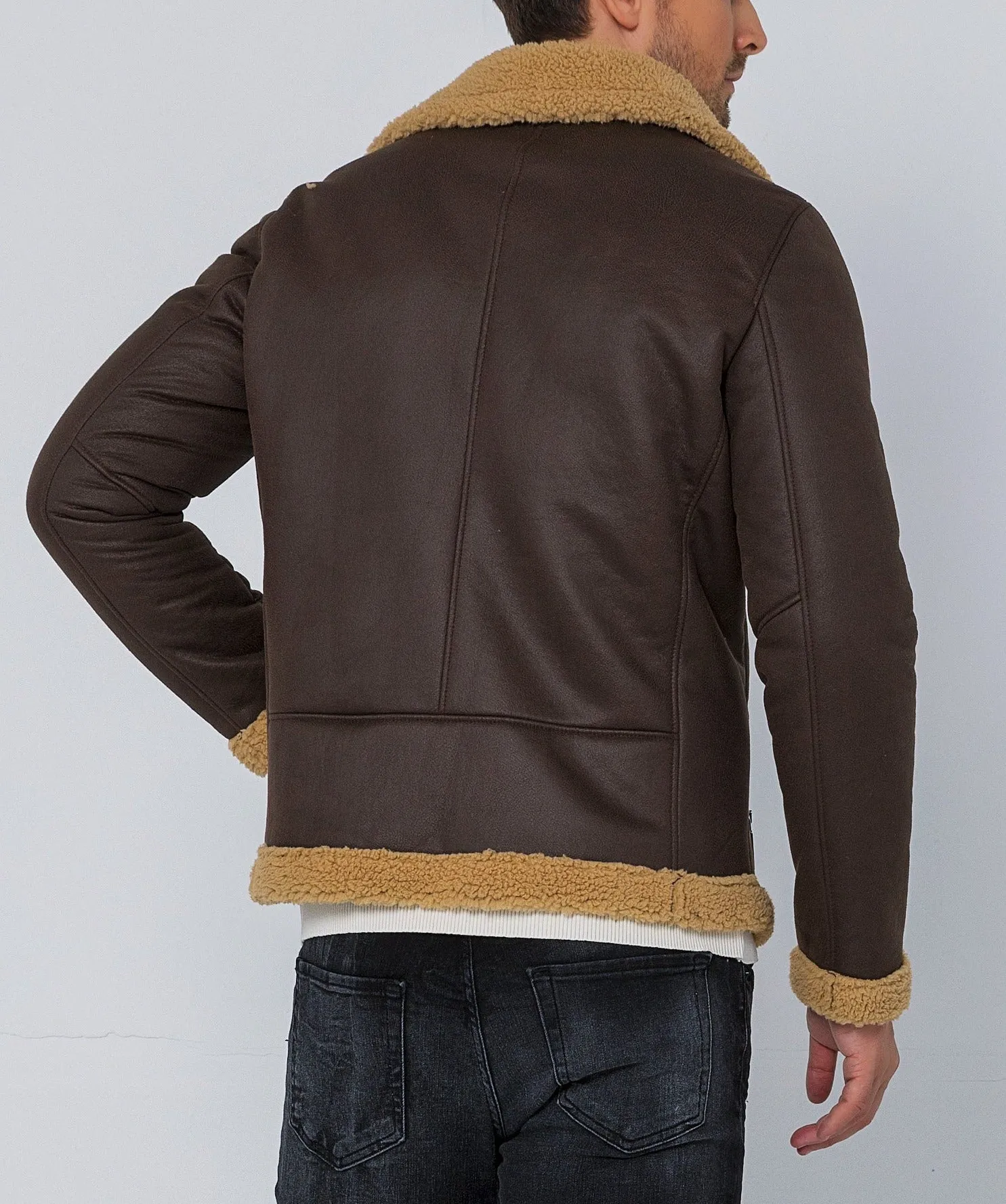 Vegan Shearling Aviator Jacket - Brown