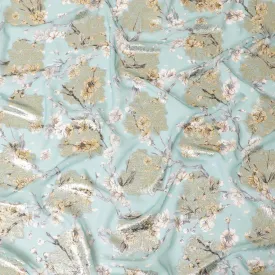 Vista green synthetic chiffon fabric with multicolor print having gold metallic lurex in floral design-D8313