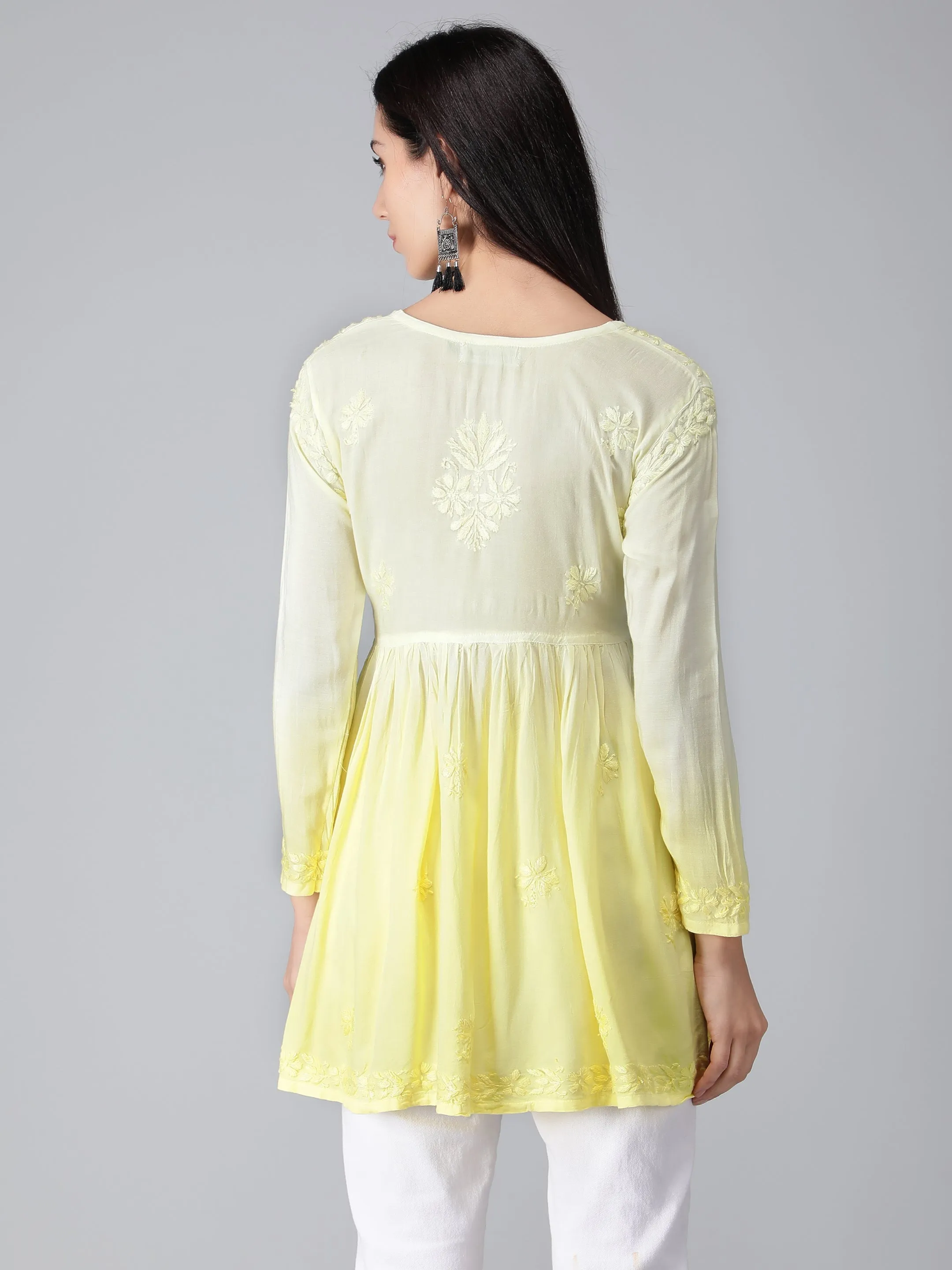 Yellow Chikankari Short Flare Tunic Top
