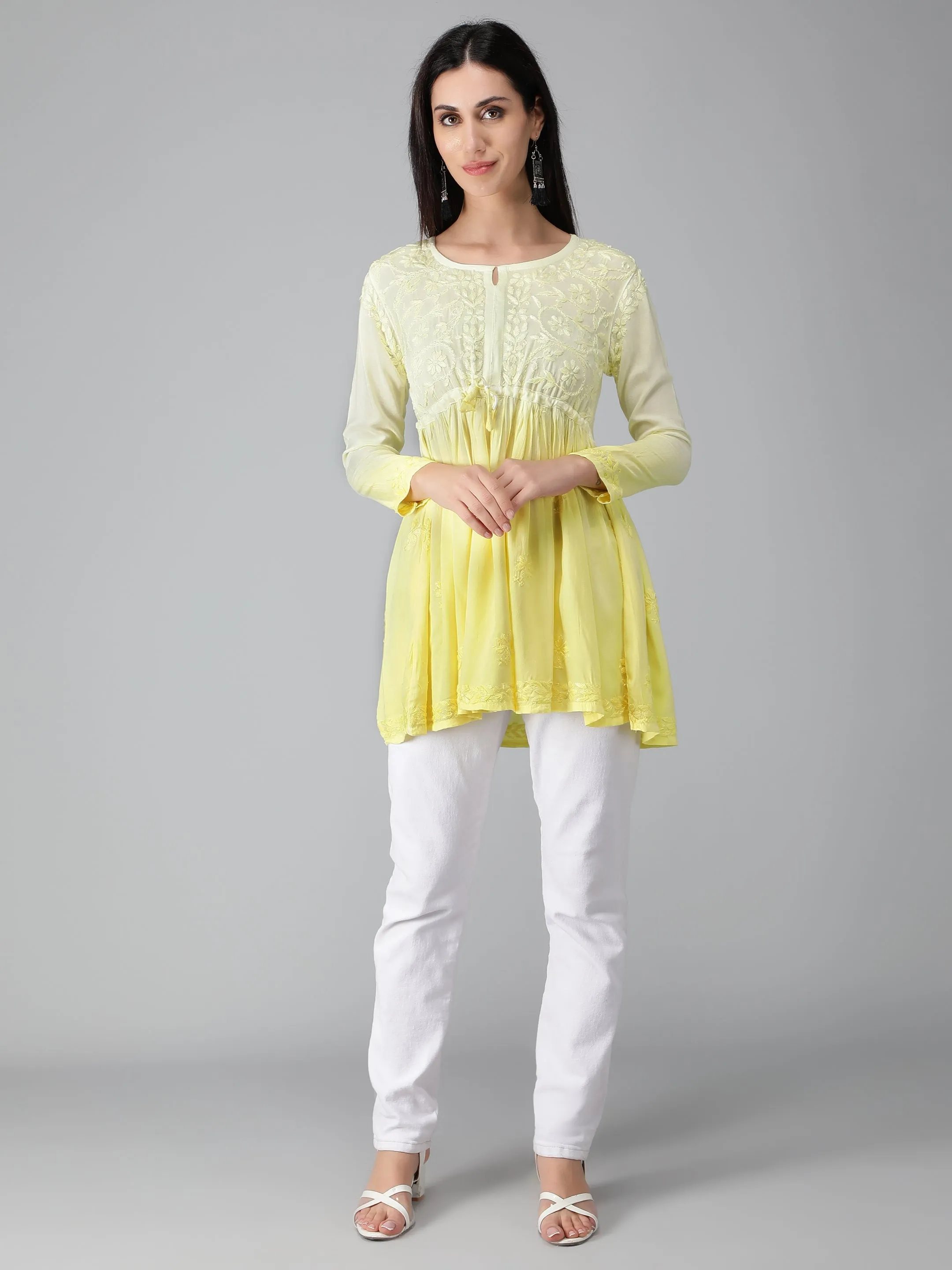 Yellow Chikankari Short Flare Tunic Top