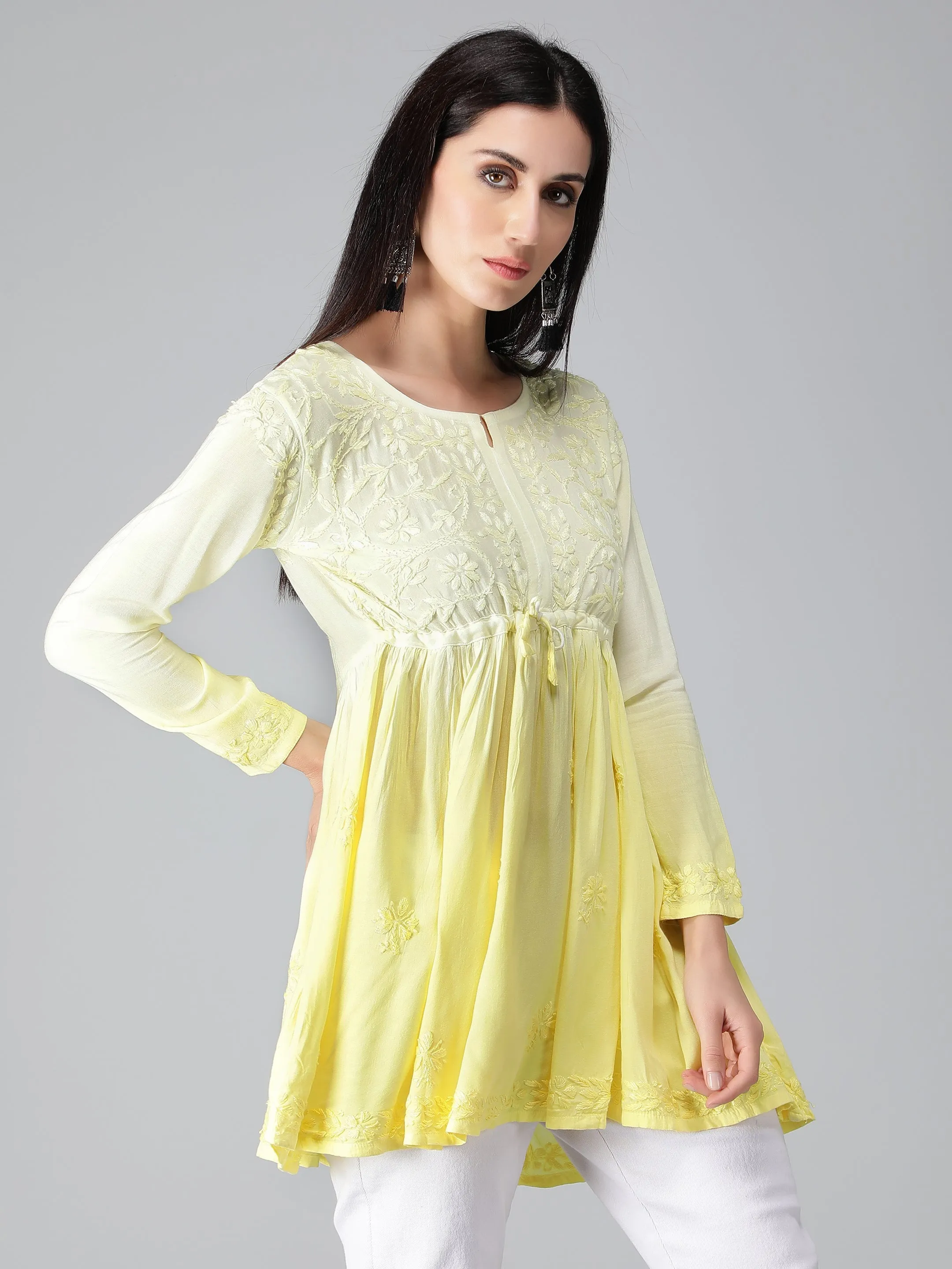Yellow Chikankari Short Flare Tunic Top