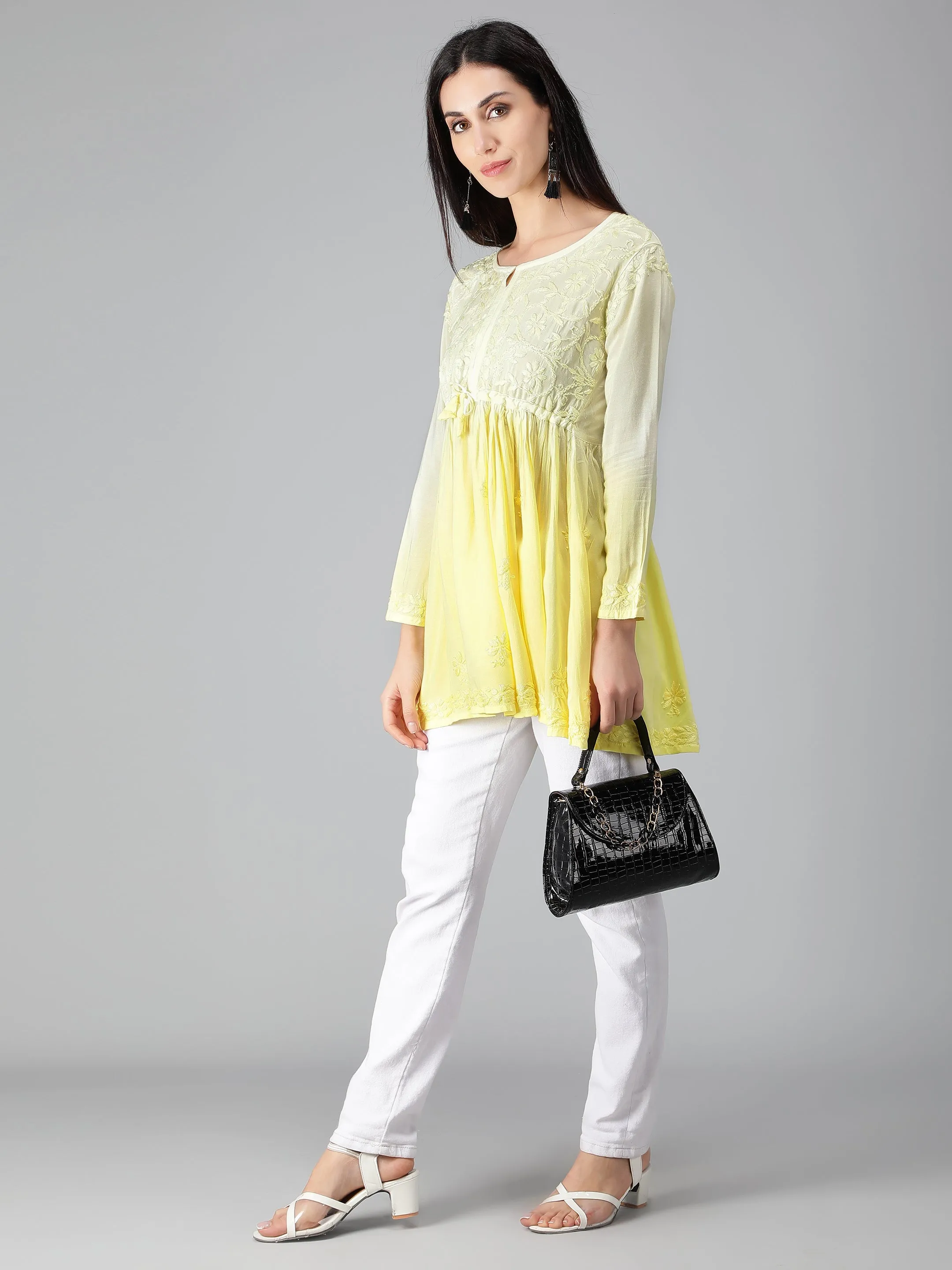 Yellow Chikankari Short Flare Tunic Top