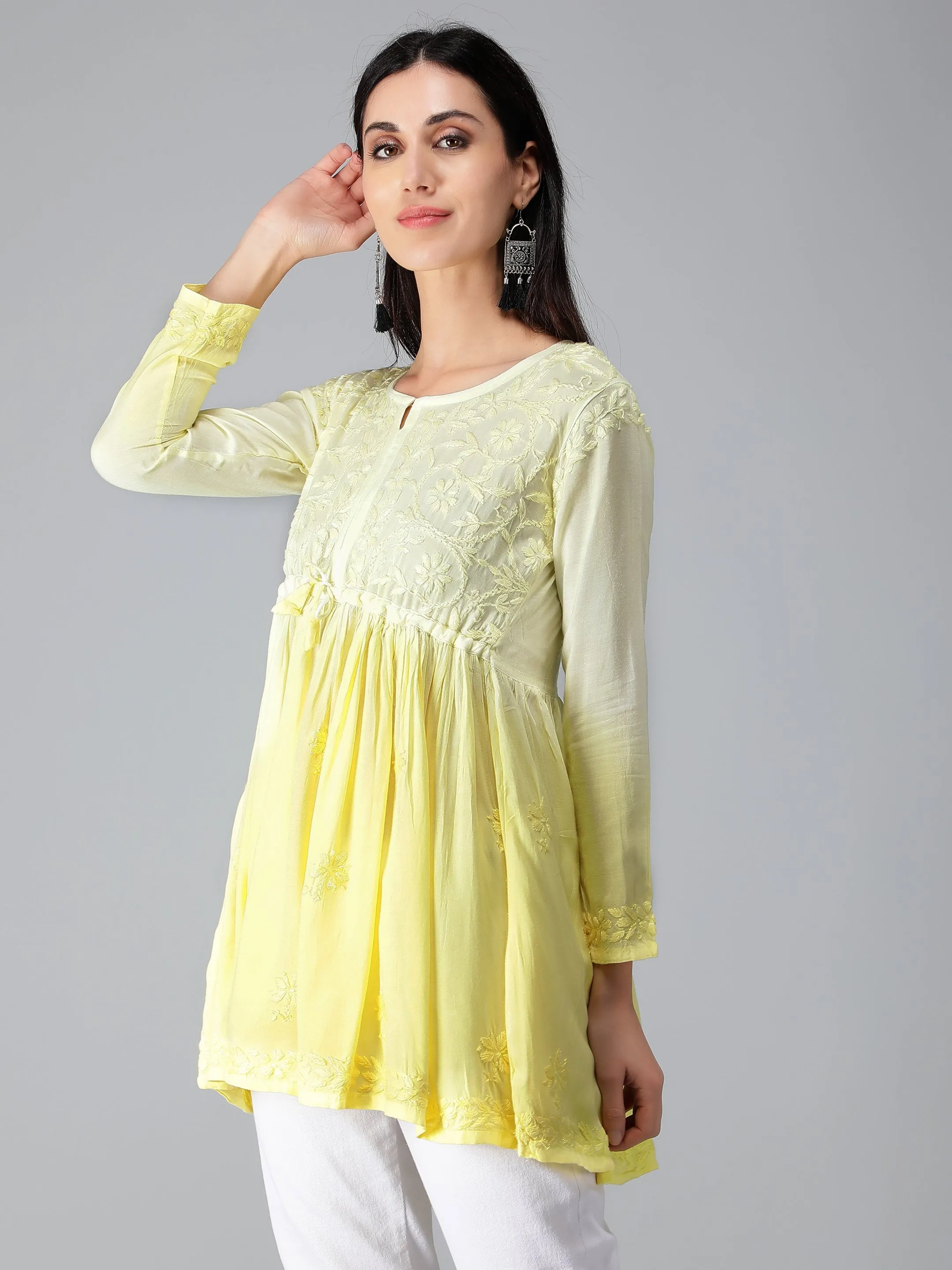 Yellow Chikankari Short Flare Tunic Top