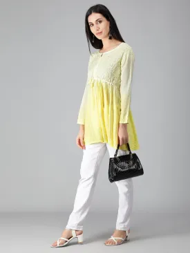 Yellow Chikankari Short Flare Tunic Top