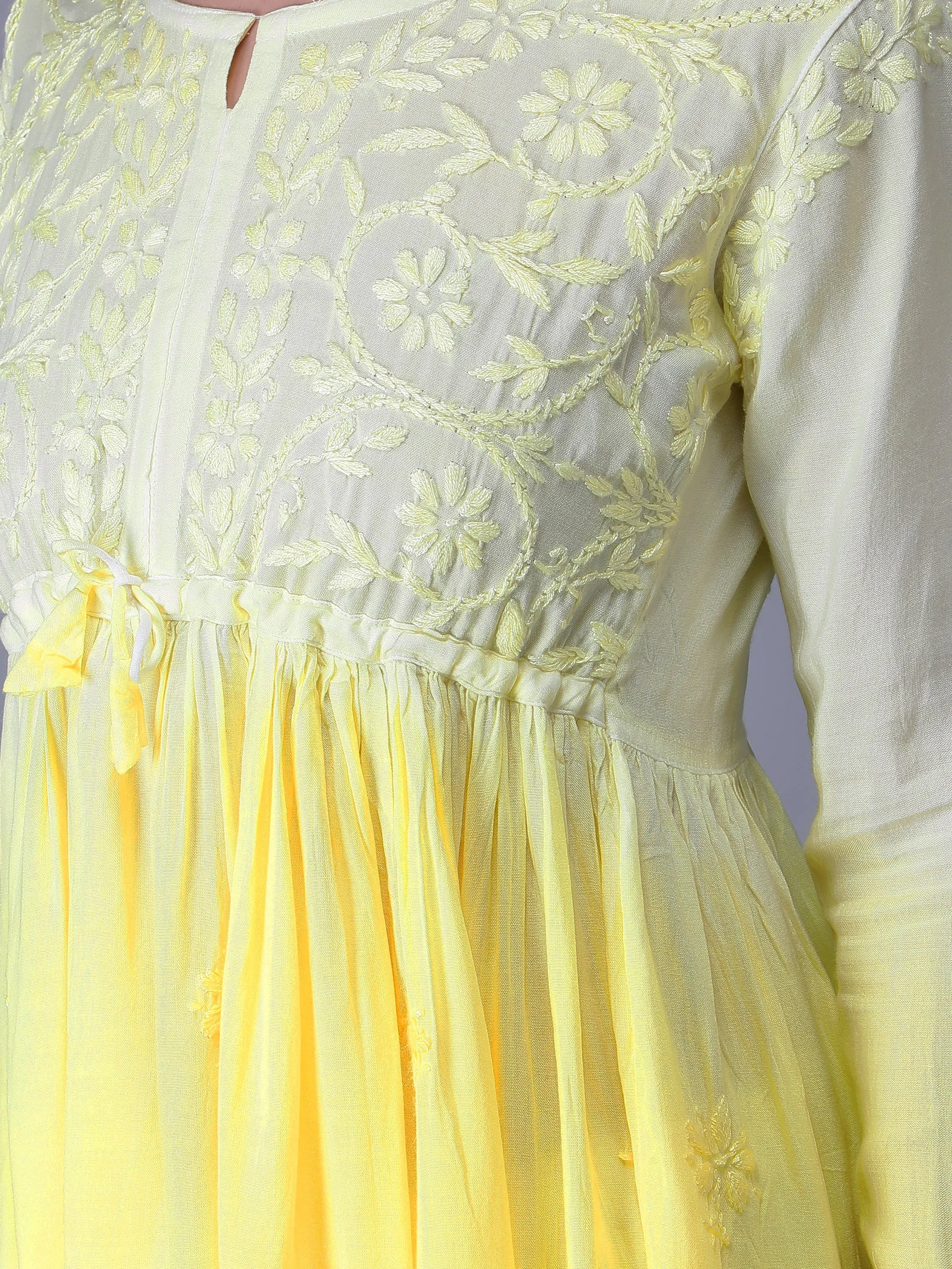 Yellow Chikankari Short Flare Tunic Top