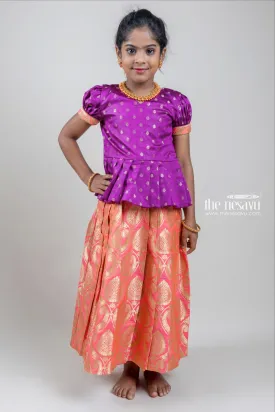 Zari Butta Printed Purple Silk Peplum Blouse with Knife Pleated Pink Pattu Pavadai for Girls