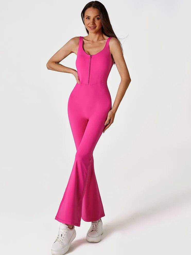 ZASUWA Female Solid Color Zipper Flare Seamless Jumpsuit